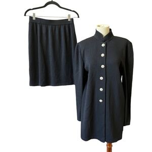ST JOHN BASICS SKIRT JACKET SET SANTANA KNIT CRYSTAL BUTTONS CORPCORE LUXURY M-8